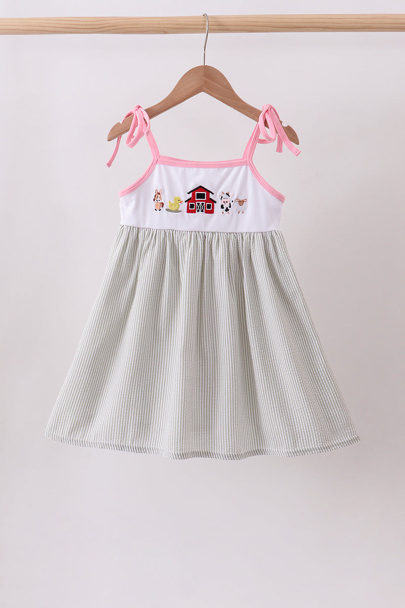 Pink seersucker farm animals embroidery ruffle dress