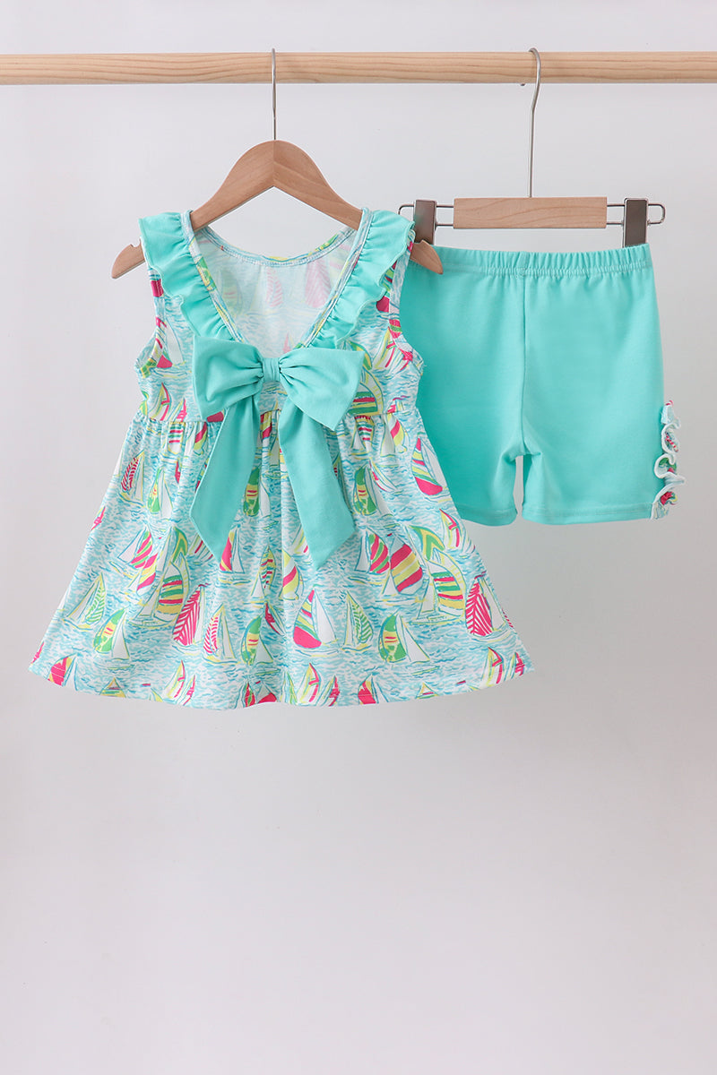 Blue sailboat print ruffle shorts set