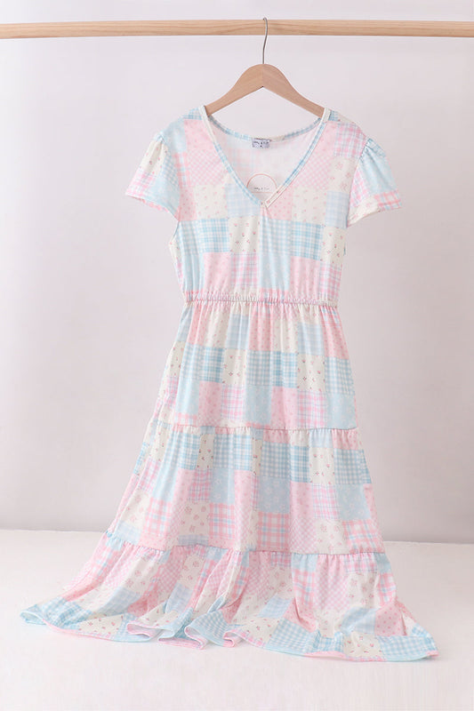 Pink patchwork floral tiered dress