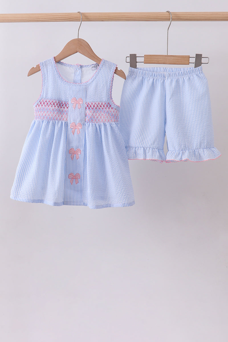 Blue seersucker bow smocked ruffle shorts set