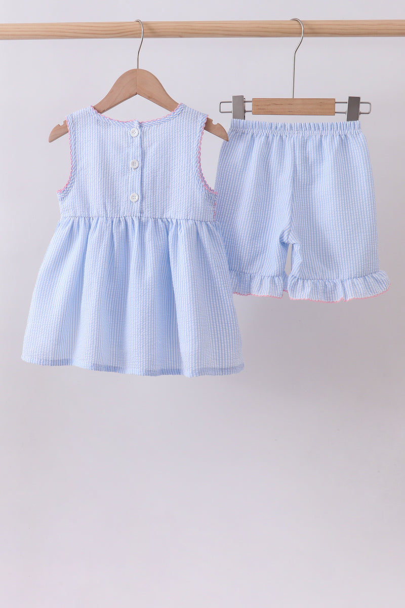 Blue seersucker bow smocked ruffle shorts set