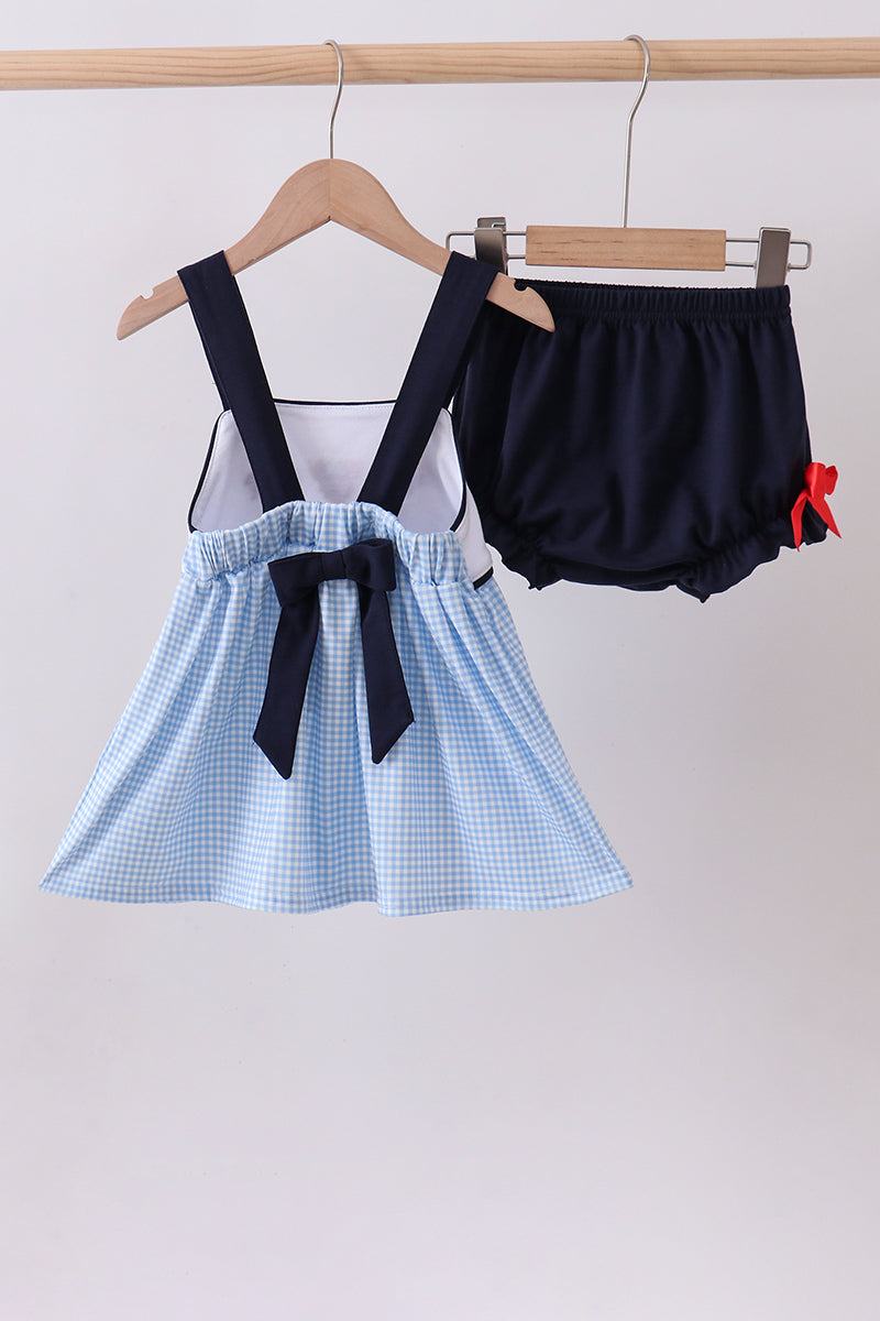 Blue character embroidery gingham bloomer set
