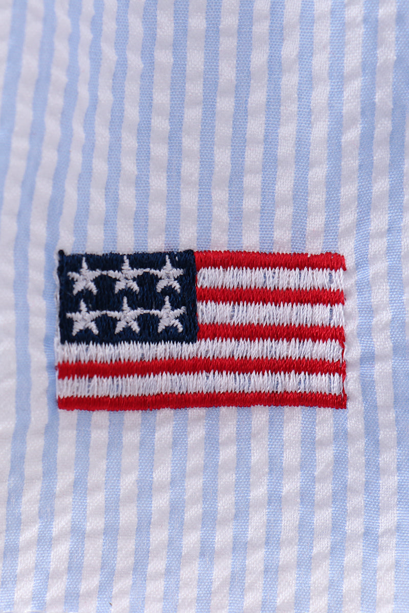 Blue flag embroidery seersucker ruffle shorts set