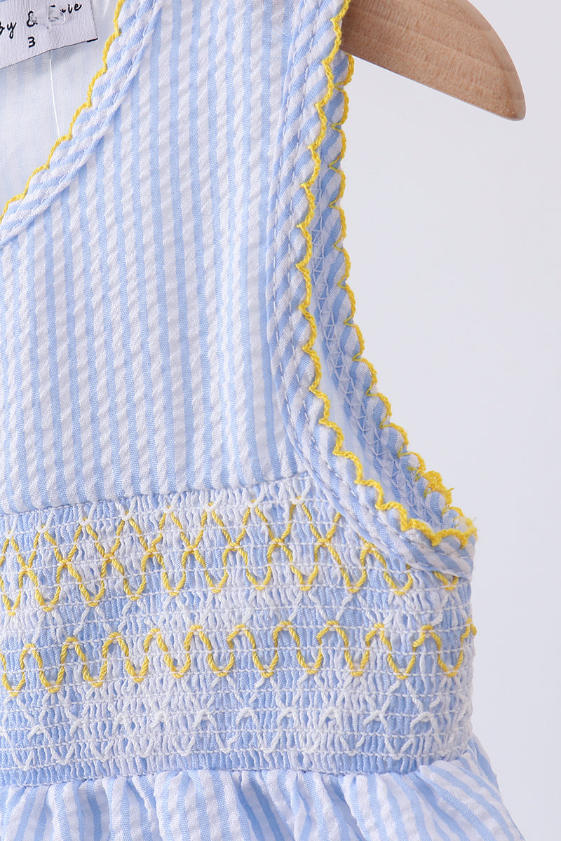 Blue lemon embroidery seersucker dress