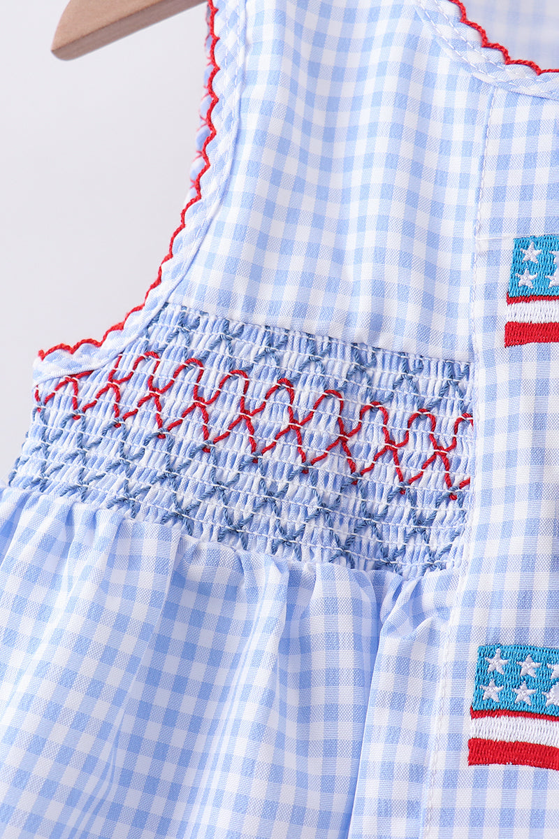 Blue flag smocked woven gingham bloomer set