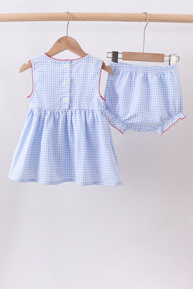 Blue flag smocked woven gingham bloomer set