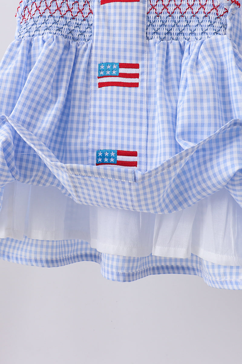 Blue flag smocked woven gingham bloomer set