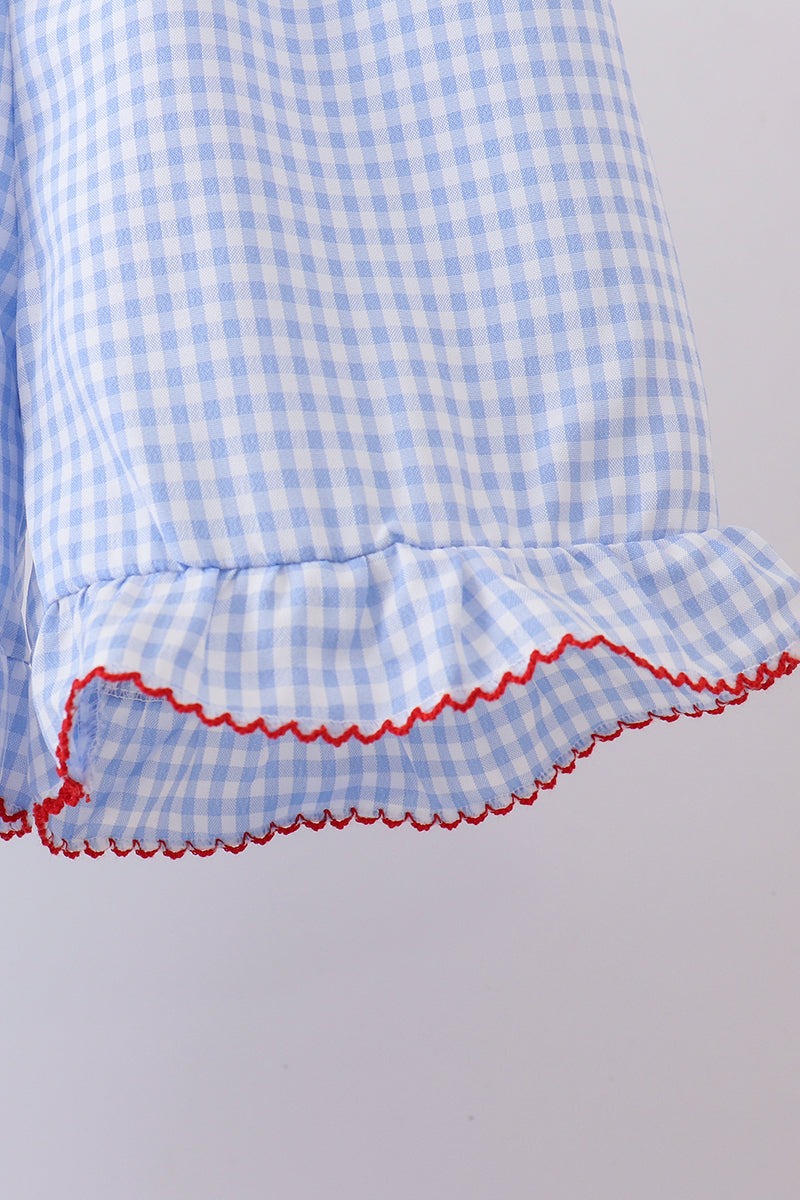 Blue flag smocked woven gingham ruffle shorts set