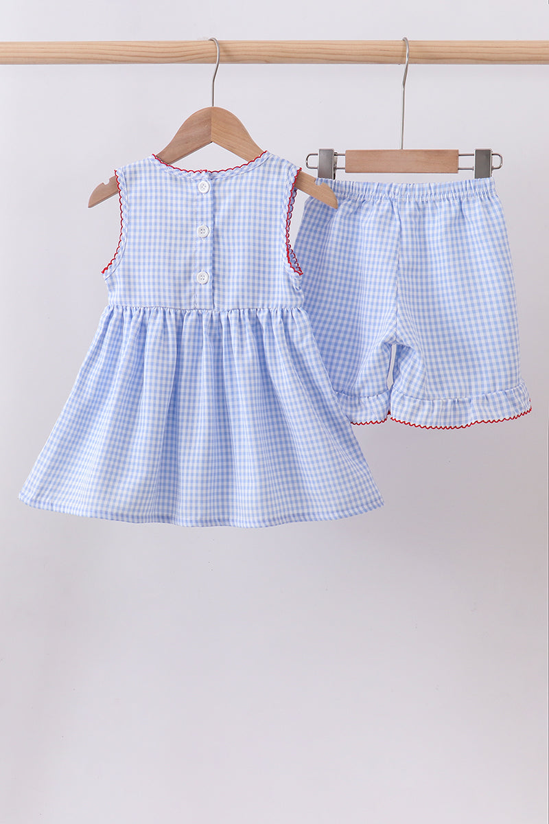 Blue flag smocked woven gingham ruffle shorts set