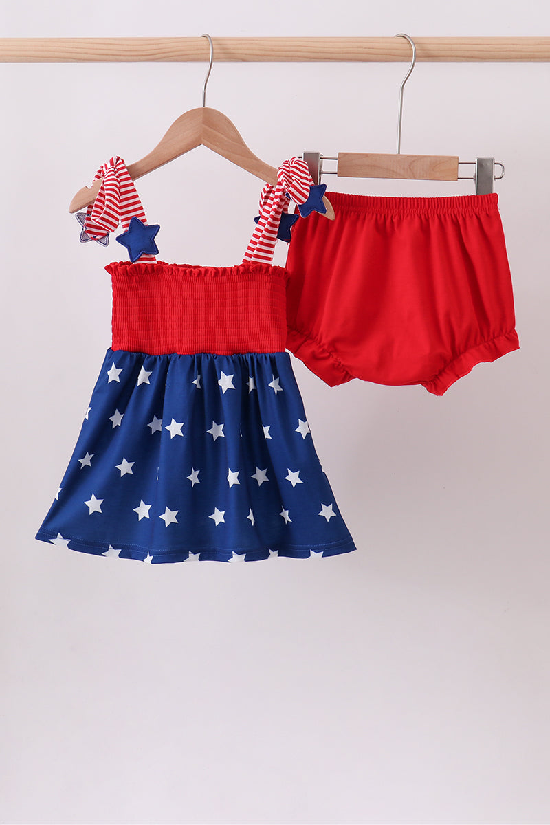 Blue star smocked bloomer set