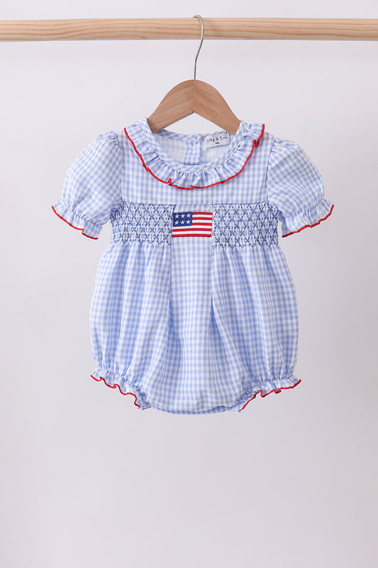 Blue flag smocked ruffle bubble