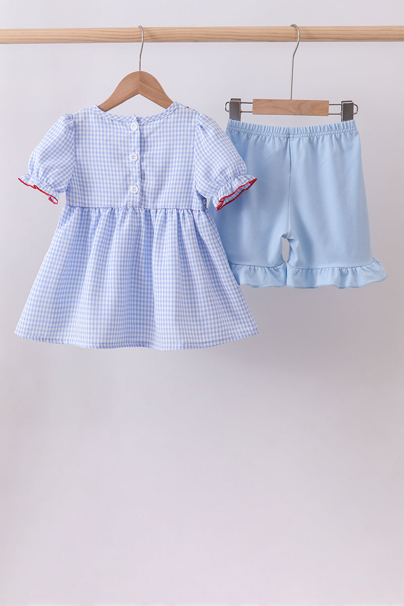 Blue flag smocked ruffle shorts set