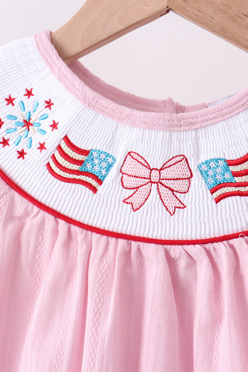 Pink fireworks flag smocked jacquard scalloped ruffle bloomer set