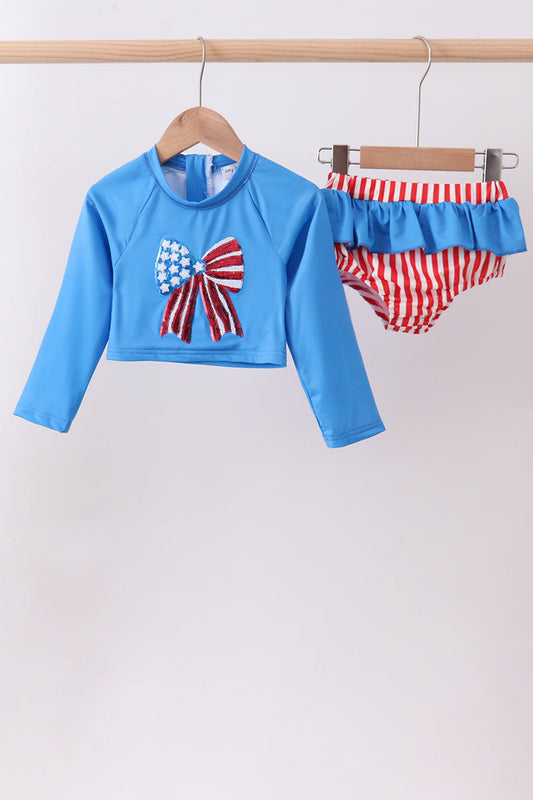 Blue bow sequin 2pc swimsuit