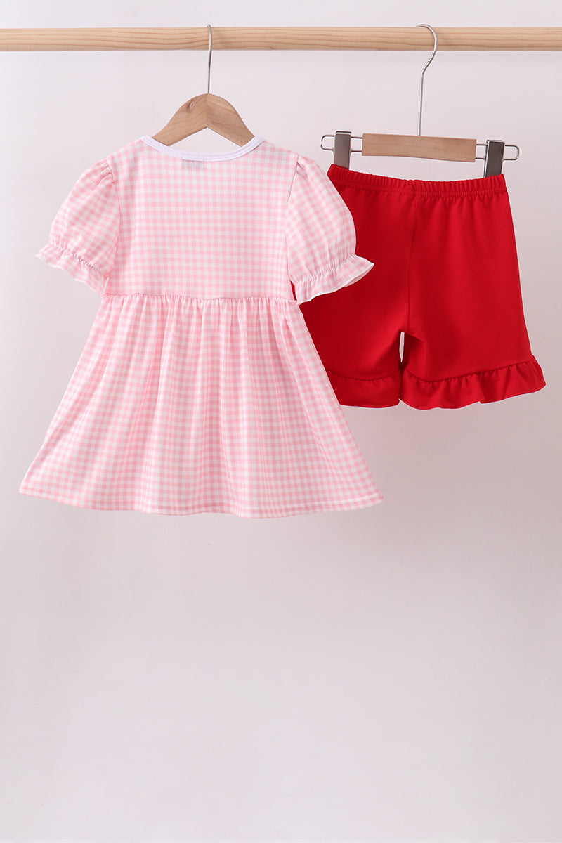 Pink flag embroidery gingham ruffle shorts set