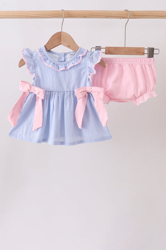 Blue Stripe Bow Seersucker Bloomer Set