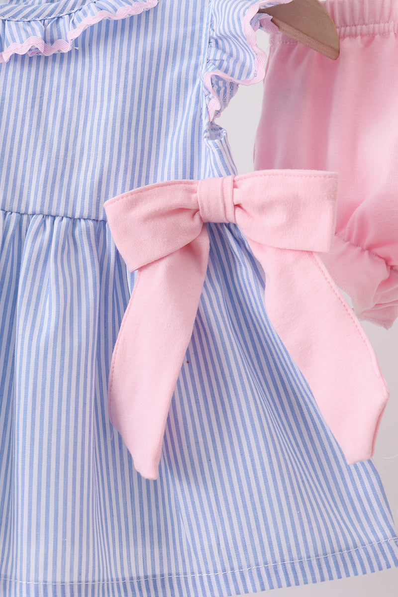 Blue Stripe Bow Seersucker Bloomer Set