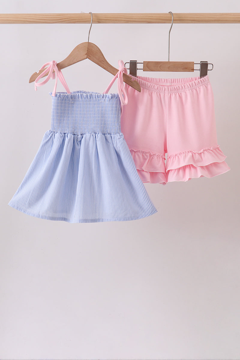 Blue Stripe Bow Smocked Seersucker Ruffle Shorts Set