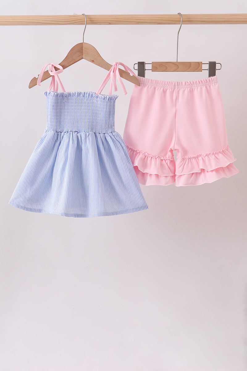 Blue Stripe Bow Smocked Seersucker Ruffle Shorts Set
