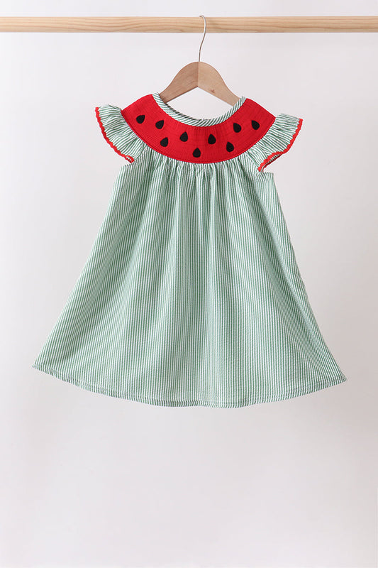 Green Watermelon Stripe Smocked Embroidered Seersucker Dress