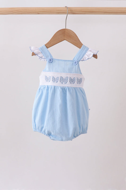 Blue Bow Smocked Embroidered Jacquard Bubble