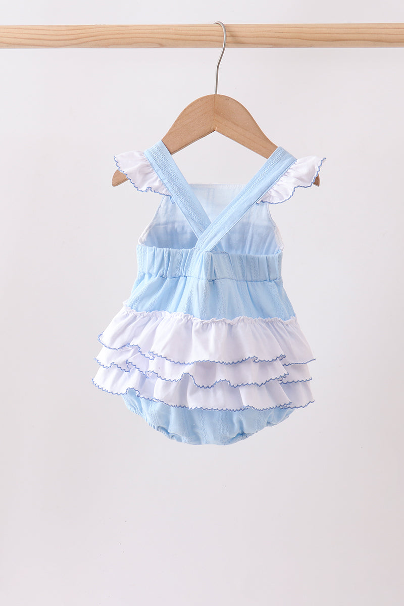 Blue Bow Smocked Embroidered Jacquard Bubble