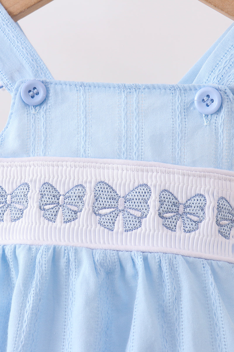 Blue Bow Smocked Embroidered Jacquard Bubble