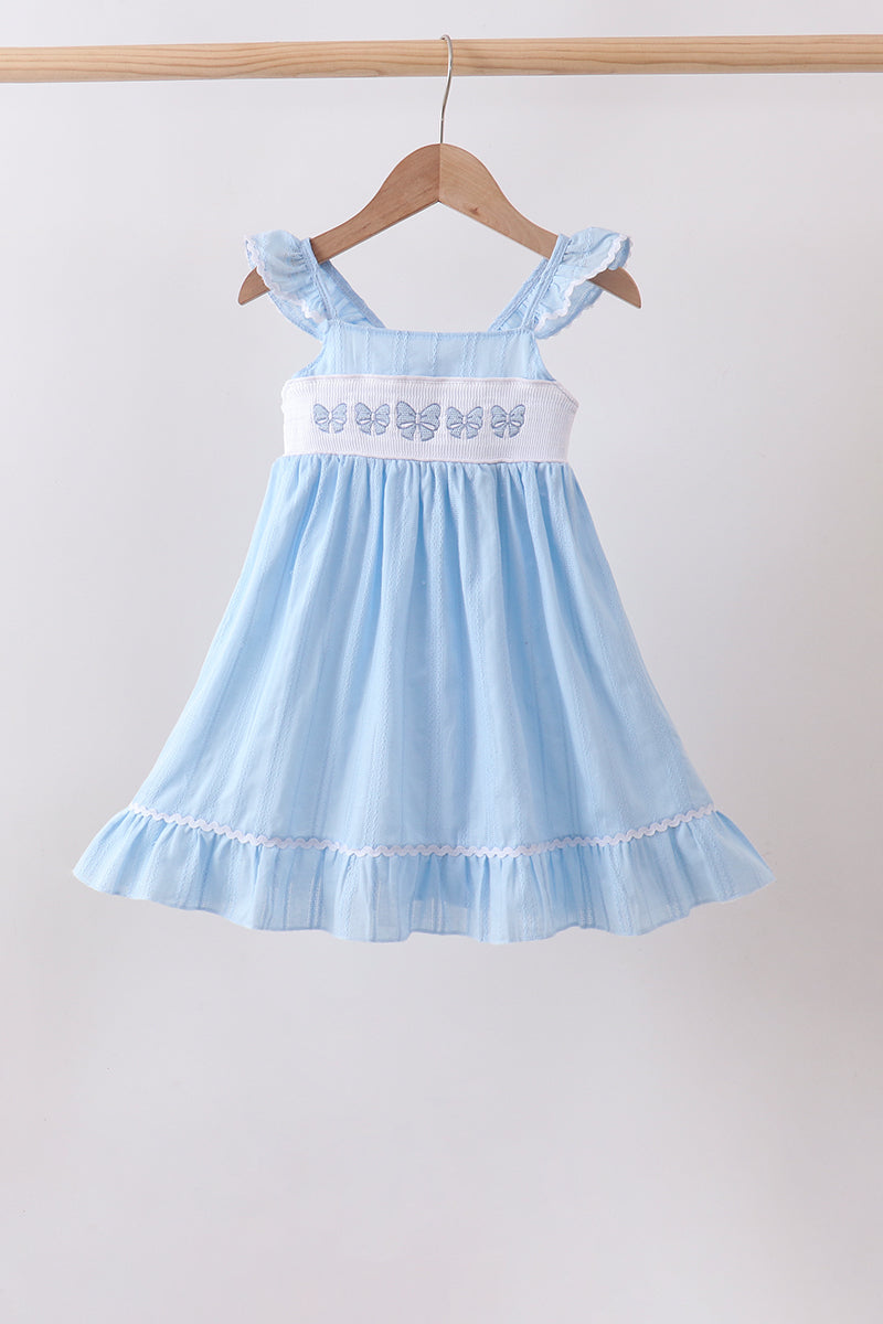 Blue Bow Smocked Embroidered Jacquard Dress