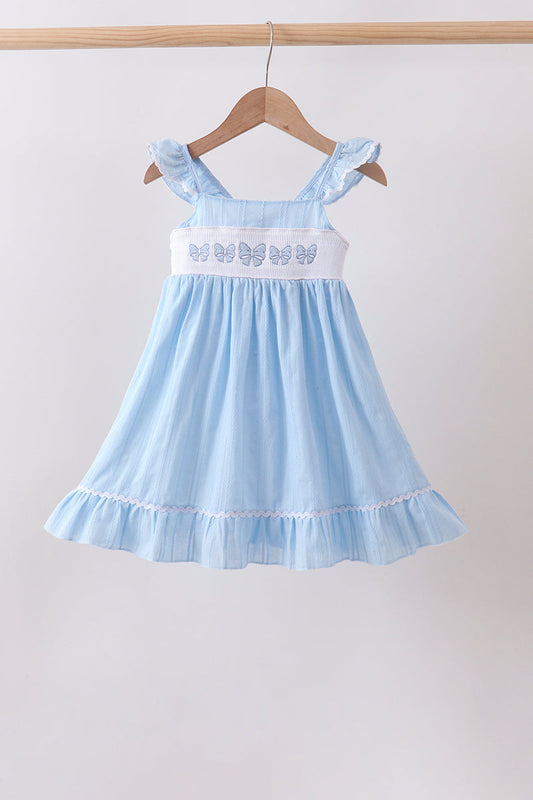 Blue Bow Smocked Embroidered Jacquard Dress