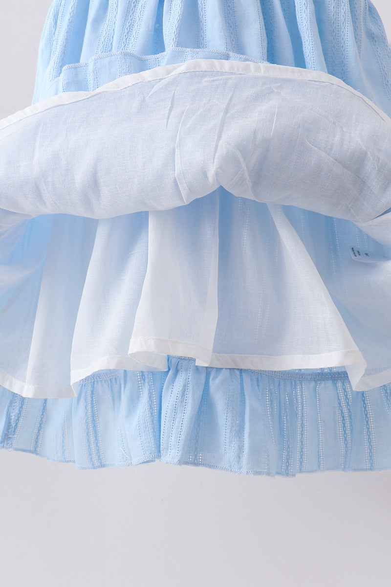 Blue Bow Smocked Embroidered Jacquard Dress