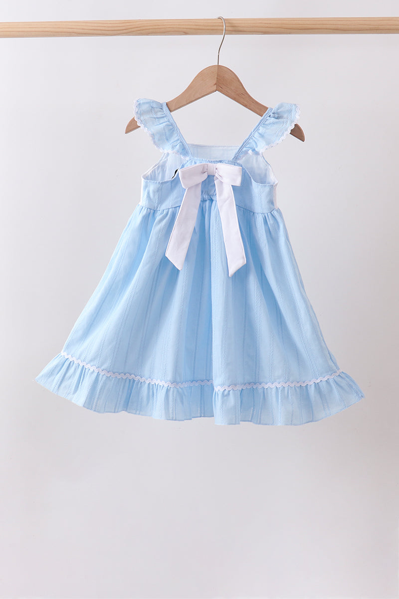 Blue Bow Smocked Embroidered Jacquard Dress