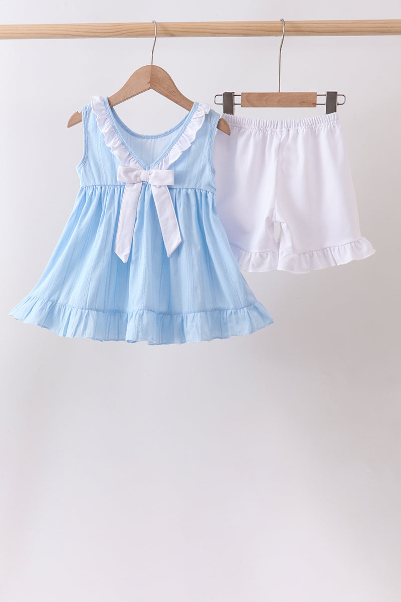 Blue Bow Smocked Embroidered Jacquard Set