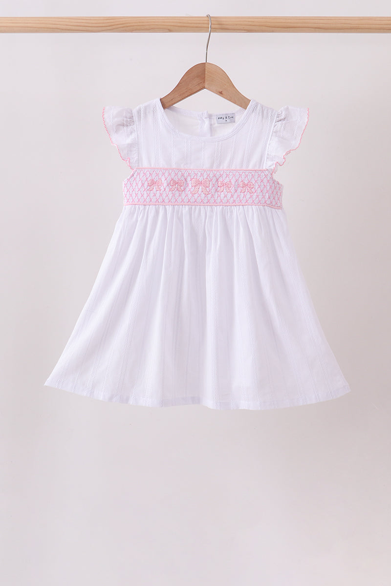 White Bow Smocked Jacquard Dress