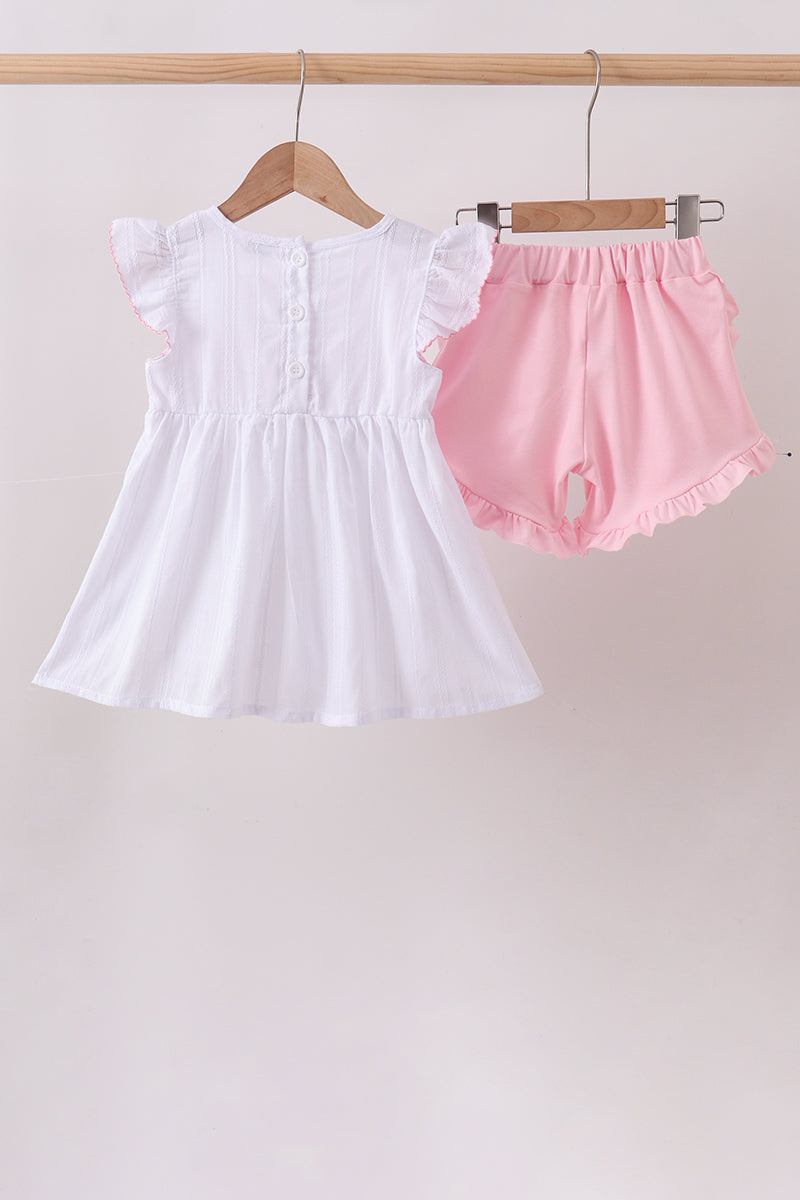 White Bow Smocked Jacquard Ruffle Shorts Set