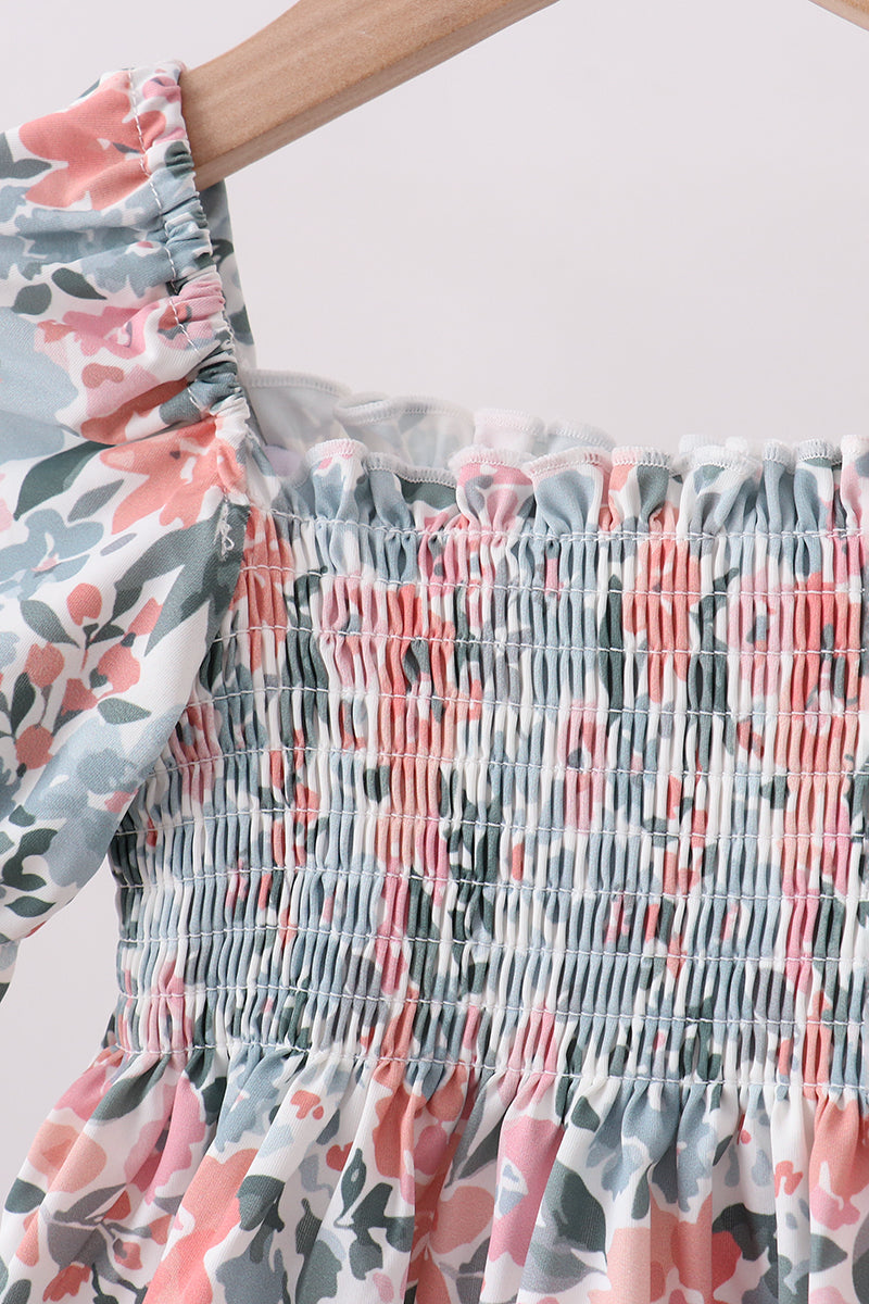 Pink Floral Smocked UPF Swim Set