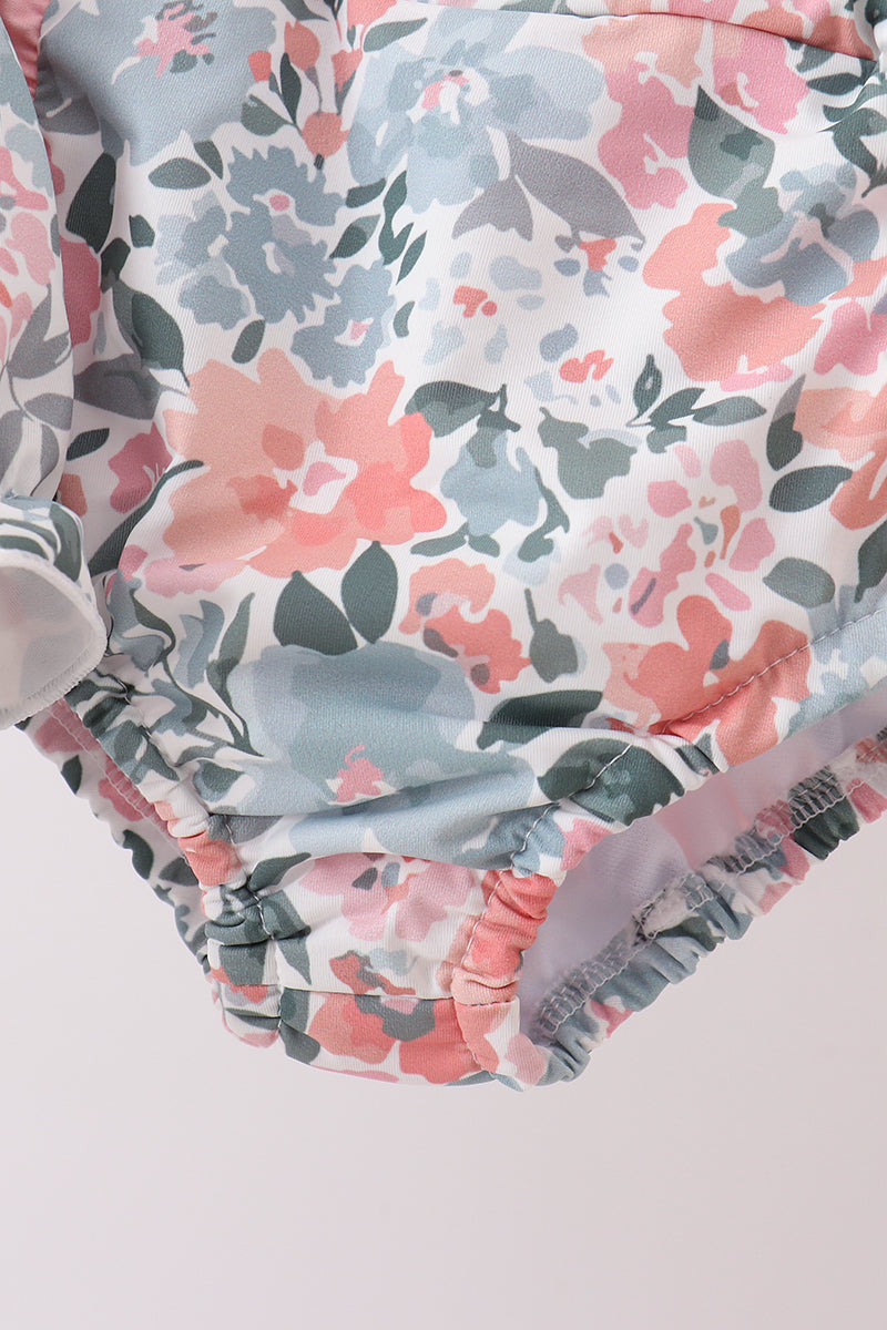 Pink Floral Smocked UPF Swim Set