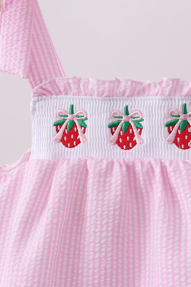 Pink stripe seersucker strawberry smocked bloomer set