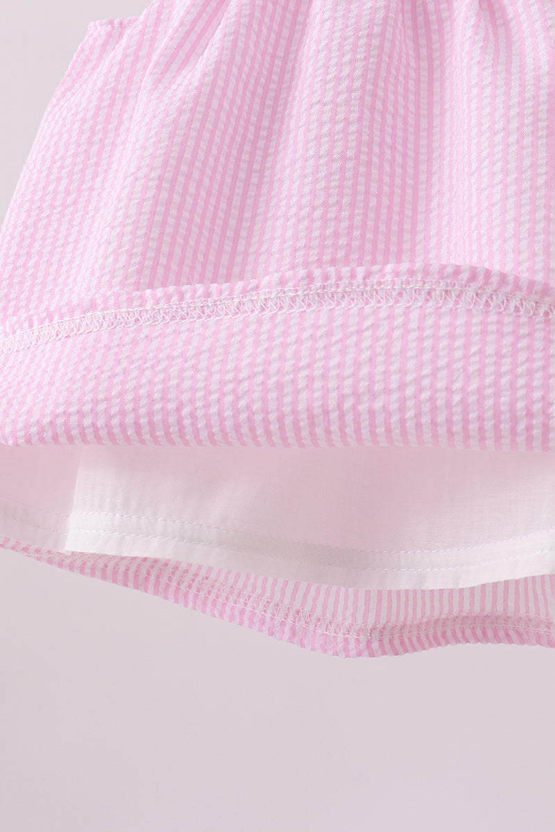 Pink stripe seersucker strawberry smocked bloomer set