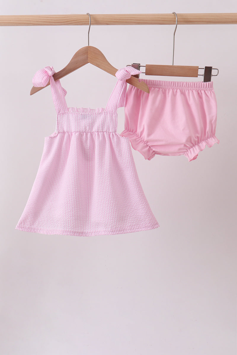 Pink stripe seersucker strawberry smocked bloomer set