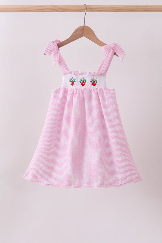 Pink stripe seersucker strawberry smocked dress