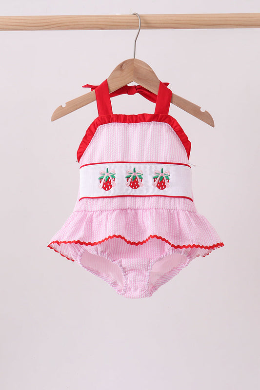 Pink stripe seersucker strawberry smocked one-piece swimsuit
