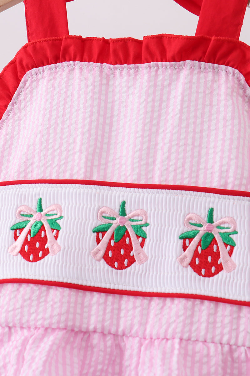 Pink stripe seersucker strawberry smocked one-piece swimsuit