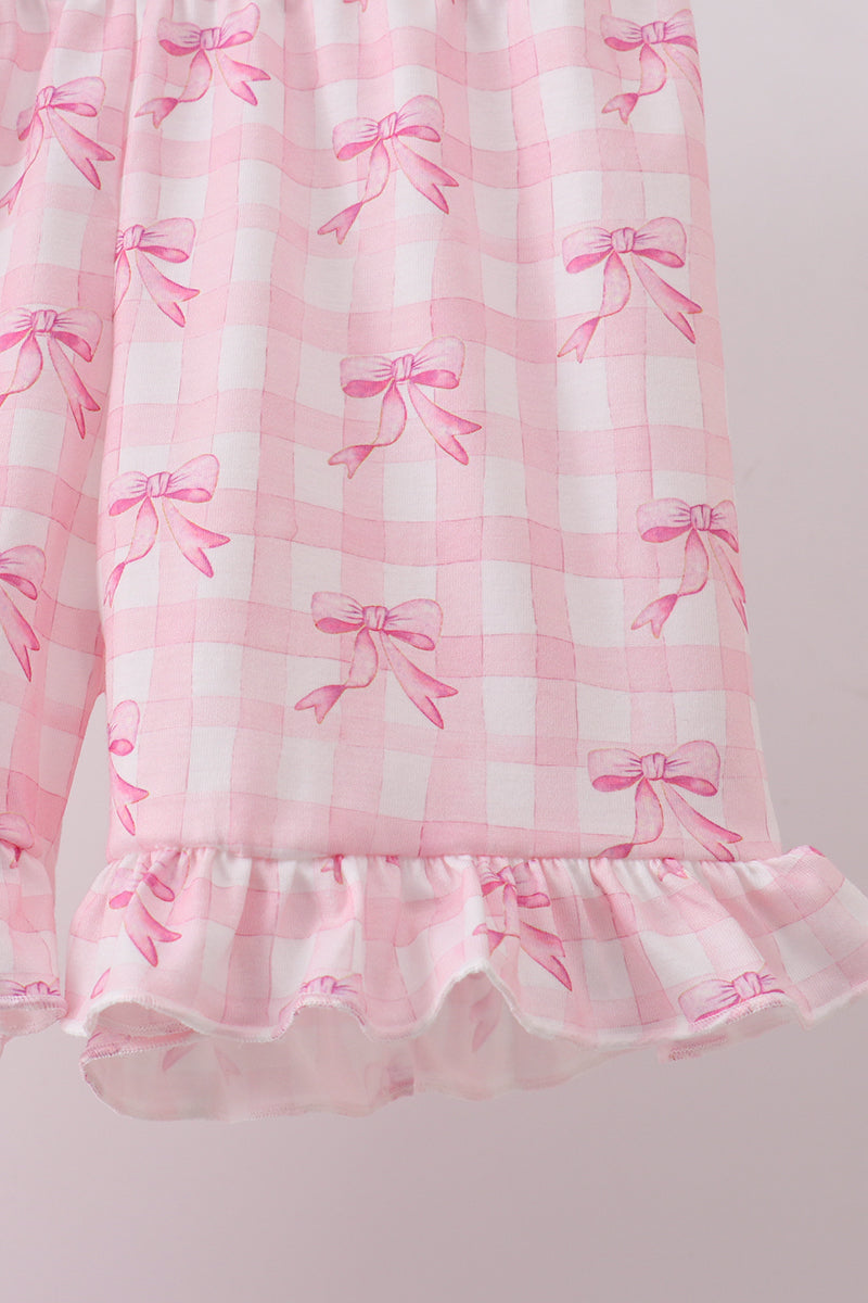 Pink bow print scalloped ruffle shorts set