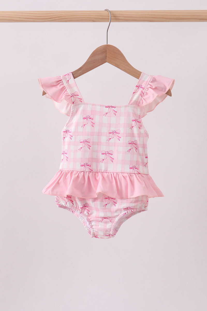 Pink bow print ruffle one-piece swimsuit