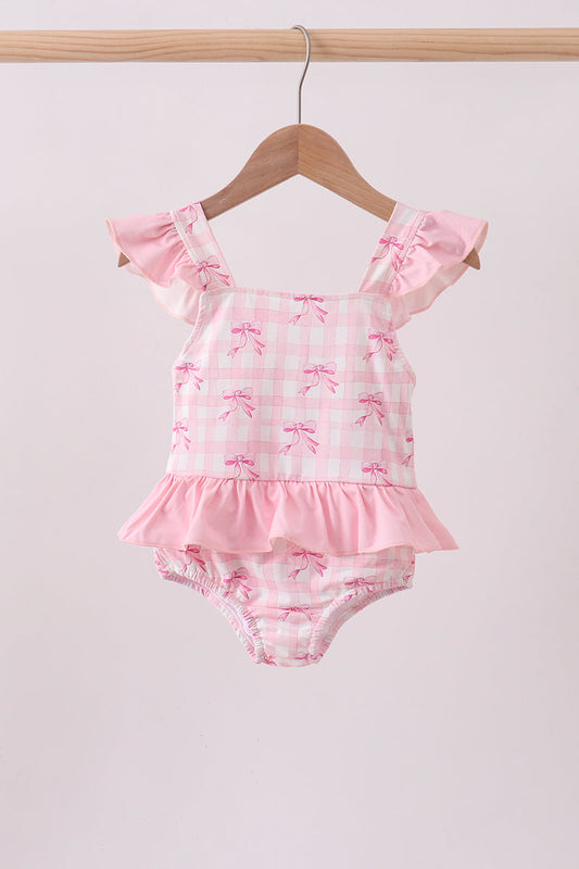 Pink bow print ruffle one-piece swimsuit