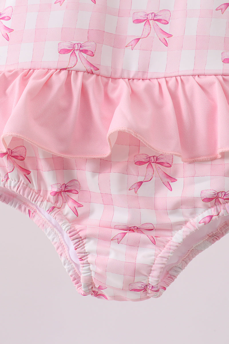 Pink bow print ruffle one-piece swimsuit