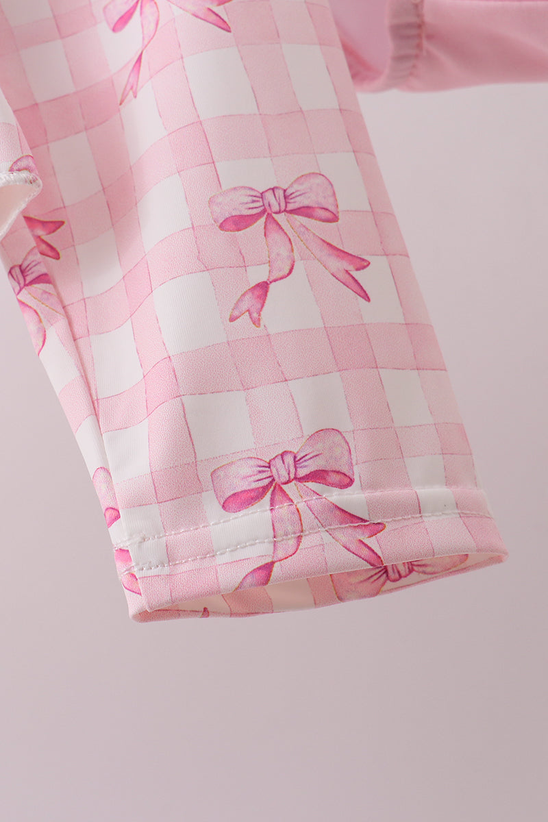 Pink bow print ruffle zipper 2pc swimsuit