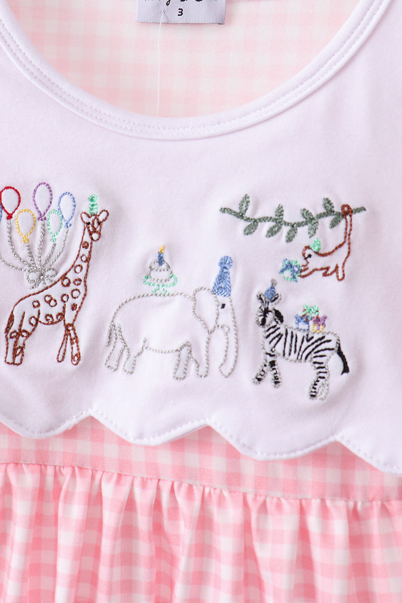 Pink Gingham Animal Embroidered Set