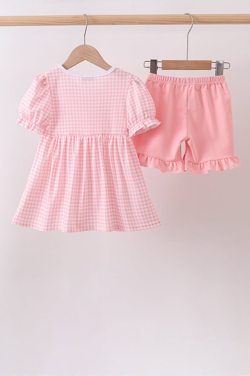 Pink Gingham Animal Embroidered Set