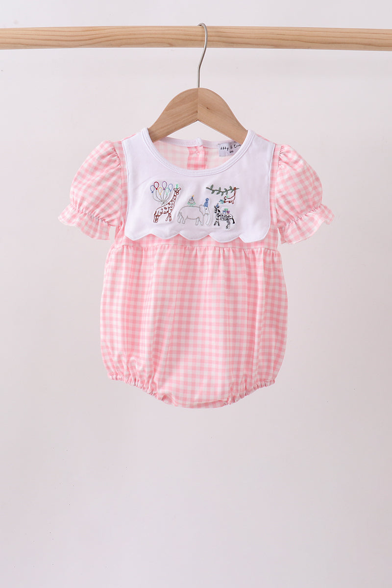 Pink Gingham Animal Embroidered Bubble